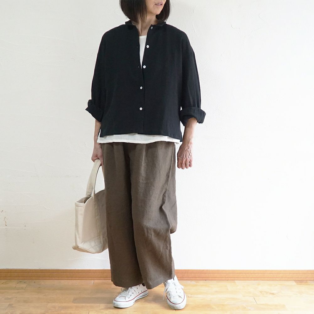 Branch m‘.,ブランチエム,ナチュラル,30代,40代,50代,60代,リネン,コットンリネン,綿麻,ゆったり,ブラウス,長袖,チビ衿,シャツ,チビ衿シャツ,チビ衿ブラウス,