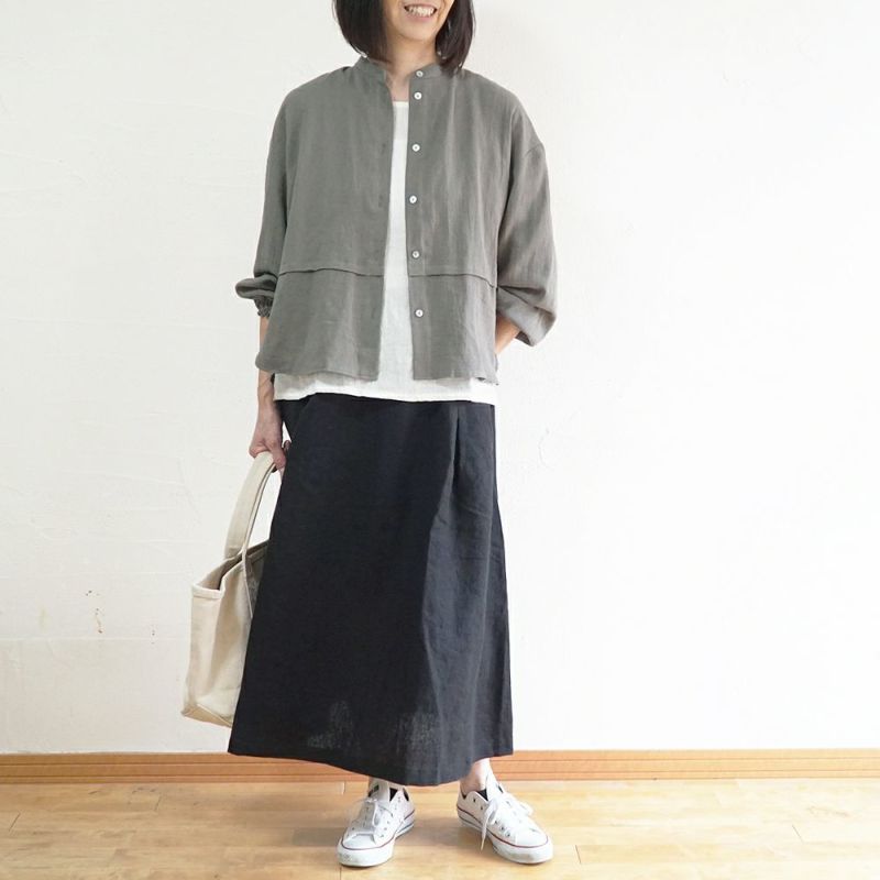 Branch m‘.,ブランチエム,ナチュラル,30代,40代,50代,60代,リネン,コットンリネン,綿麻,ゆったり,ブラウス,長袖,バンドカラー,シャツ,バンドカラーシャツ,バンドカラーブラウス,切替,切替ブラウス