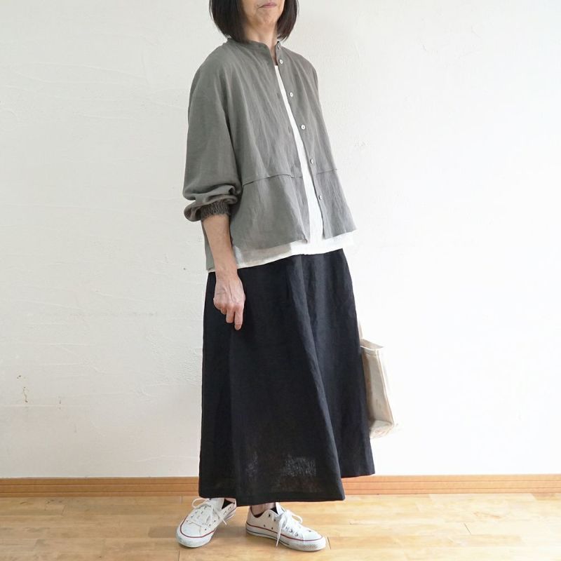 Branch m‘.,ブランチエム,ナチュラル,30代,40代,50代,60代,リネン,コットンリネン,綿麻,ゆったり,ブラウス,長袖,バンドカラー,シャツ,バンドカラーシャツ,バンドカラーブラウス,切替,切替ブラウス