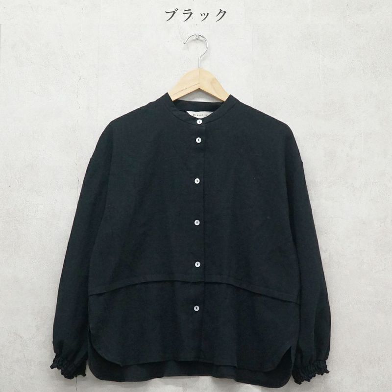 Branch m‘.,ブランチエム,ナチュラル,30代,40代,50代,60代,リネン,コットンリネン,綿麻,ゆったり,ブラウス,長袖,バンドカラー,シャツ,バンドカラーシャツ,バンドカラーブラウス,切替,切替ブラウス