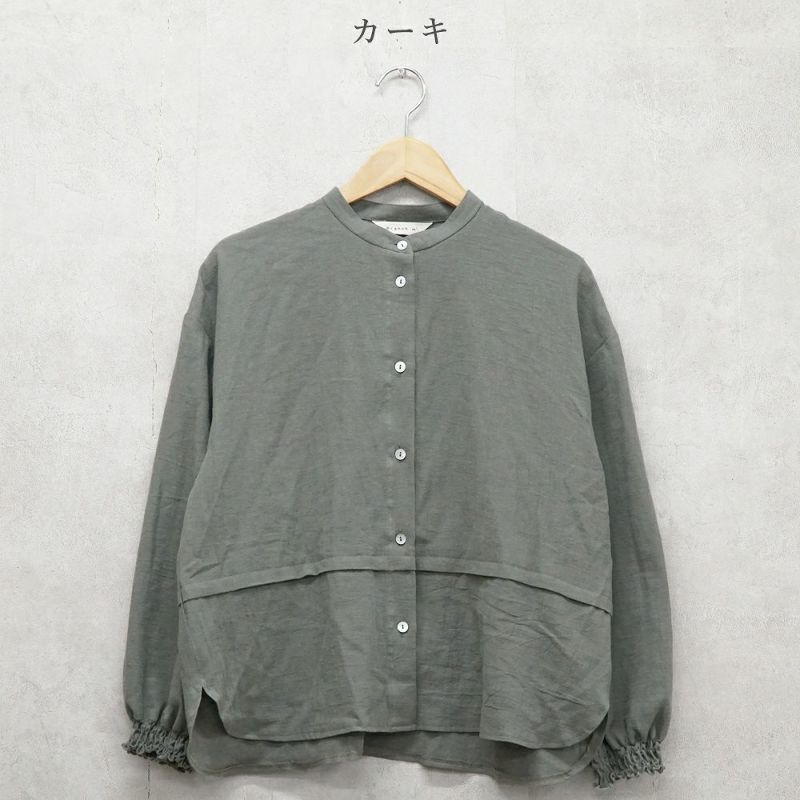 Branch m‘.,ブランチエム,ナチュラル,30代,40代,50代,60代,リネン,コットンリネン,綿麻,ゆったり,ブラウス,長袖,バンドカラー,シャツ,バンドカラーシャツ,バンドカラーブラウス,切替,切替ブラウス