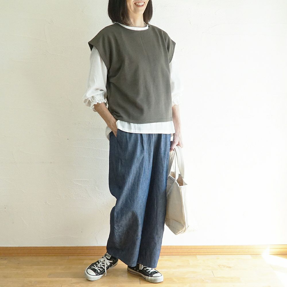 Branch m‘.,ブランチエム,ナチュラル,30代,40代,50代,60代,コーデセット,コーディネートセット,セット売り,ゆったり,ベスト,裏毛,裏毛ベスト,デニム,コクーンパンツ,デニムパンツ,デニムコクーンパンツ