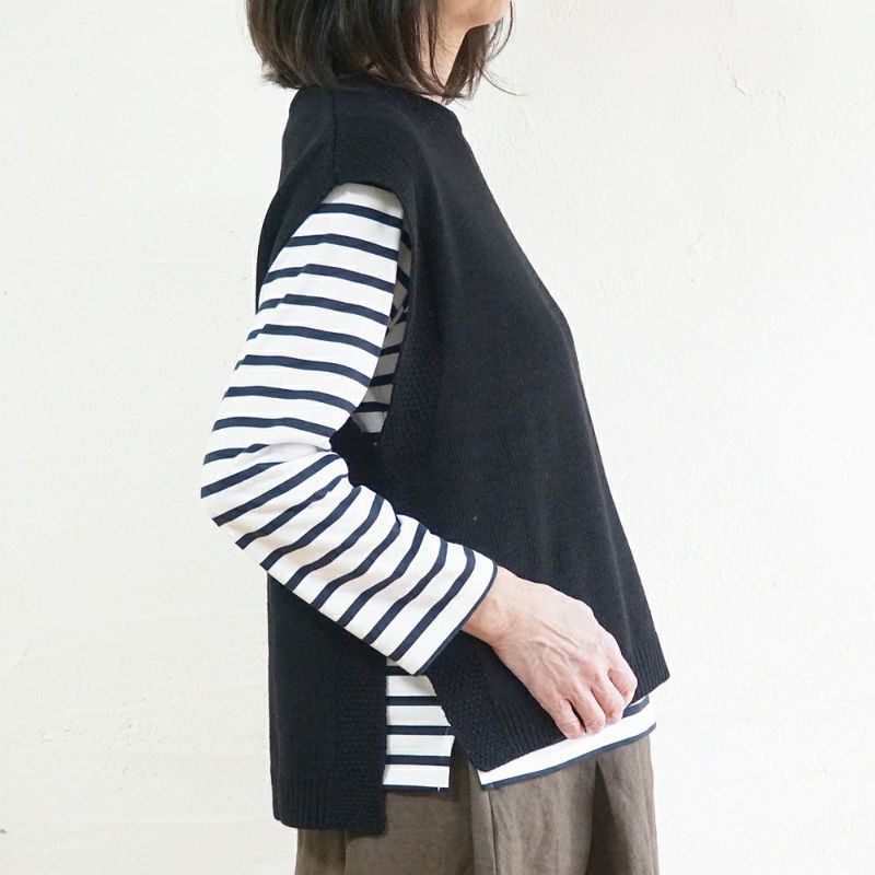 Branch m‘.,ブランチエム,ナチュラル,30代,40代,50代,60代,ウール,ゆったり,knit,ニット,ウール混,ベスト、ニットベスト,ドロップショルダー,ドロップショルダーベスト,レイヤード,重ね着