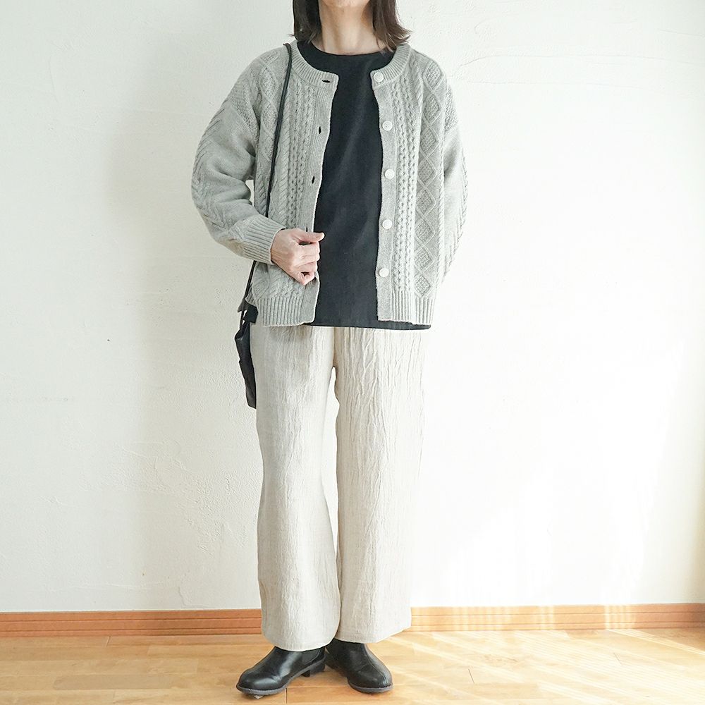 Branch m‘.,ブランチエム,ナチュラル,30代,40代,50代,60代,コーデセット,コーディネートセット,セット売り,ゆったり,ニット,ニットカーディガン,カーディガン,ケーブルニット,ケーブル編み,ケーブルニットカーディガン,リネン,リネンパンツ,ワイドパンツ,ストレートパンツ,リネンウール,ウール