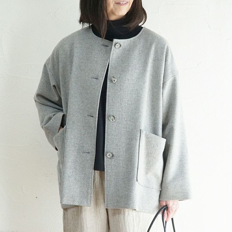 Branch m‘.,ブランチエム,ナチュラル,30代,40代,50代,60代,ウール,ゆったり,コート,ジャケット,ノーカラーコート,裏地,ノーカラー,クルーネック,クルーネックコート