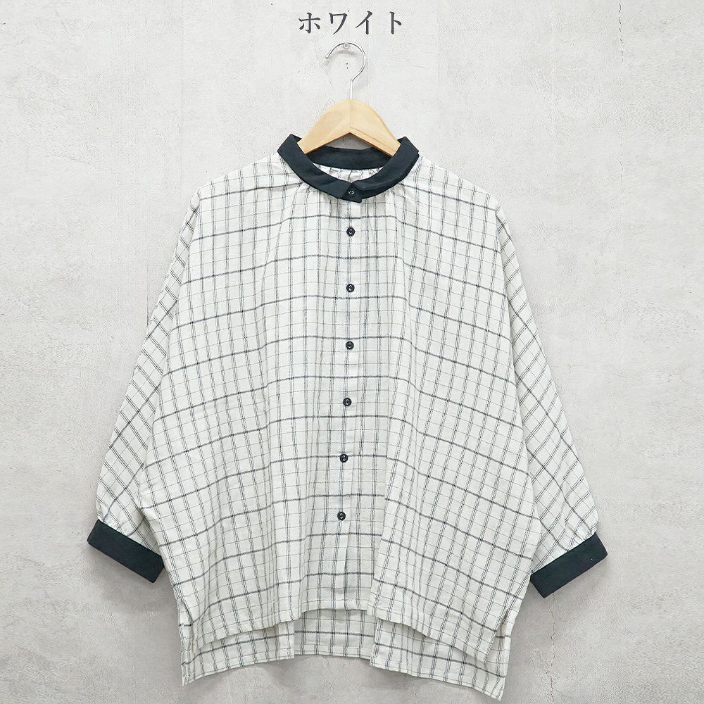 Branch m‘.,ブランチエム,ナチュラル,30代,40代,50代,60代,ゆったり,コットン,綿,リネン,麻,コットンリネン,ブラウス,チェック,チェックブラウス,配色,配色ブラウス,