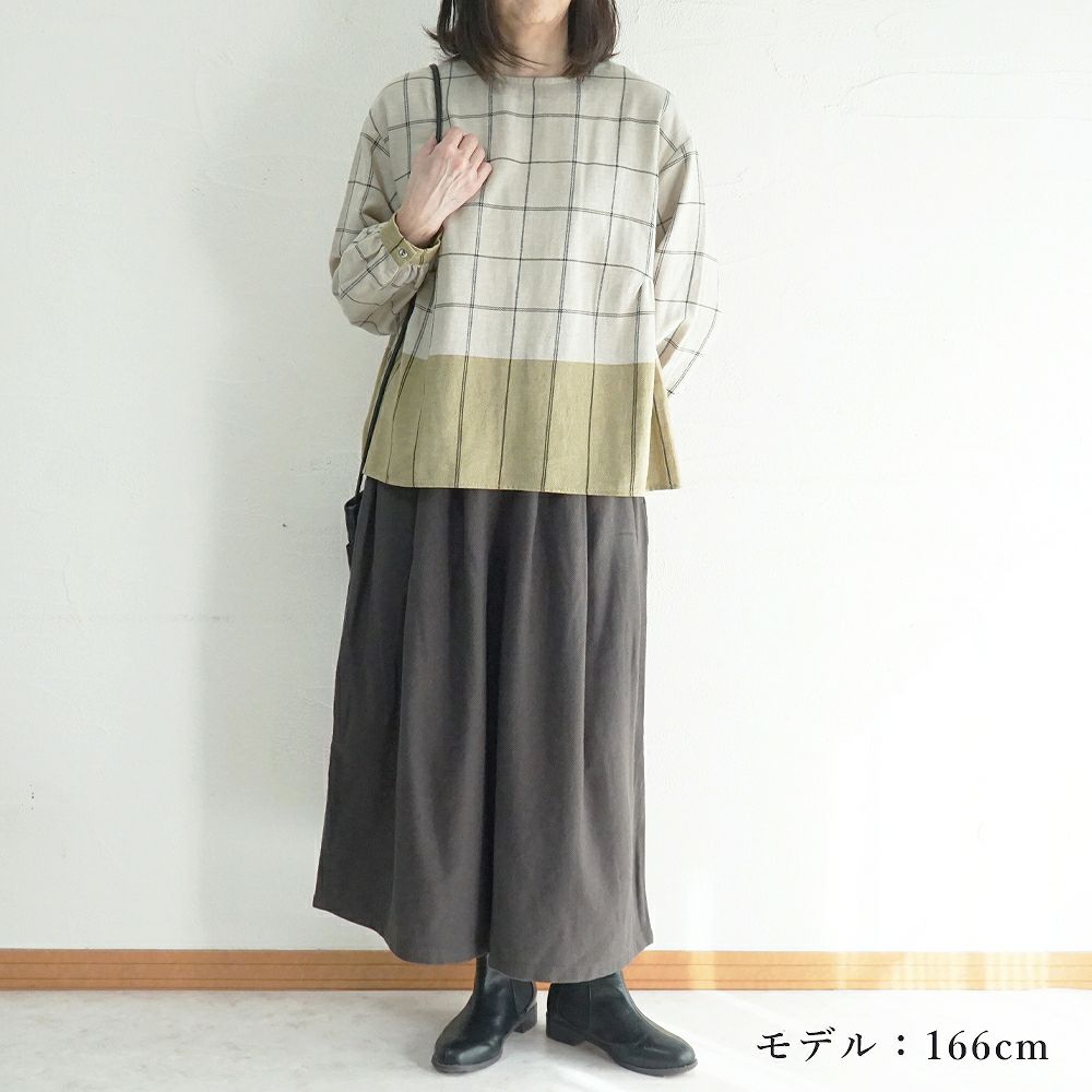 Branch m‘.,ブランチエム,ナチュラル,30代,40代,50代,60代,ゆったり,コットン,綿,リネン,麻,コットンリネン,ブラウス,チェック,チェックブラウス,配色,配色ブラウス,起毛ブラウス,起毛,プルオーバーブラウス,プルオーバー