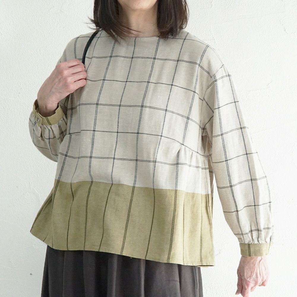 Branch m‘.,ブランチエム,ナチュラル,30代,40代,50代,60代,ゆったり,コットン,綿,リネン,麻,コットンリネン,ブラウス,チェック,チェックブラウス,配色,配色ブラウス,起毛ブラウス,起毛,プルオーバーブラウス,プルオーバー