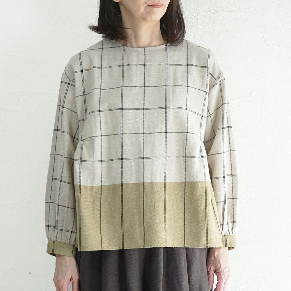 Branch m‘.,ブランチエム,ナチュラル,30代,40代,50代,60代,ゆったり,コットン,綿,リネン,麻,コットンリネン,ブラウス,チェック,チェックブラウス,配色,配色ブラウス,起毛ブラウス,起毛,プルオーバーブラウス,プルオーバー